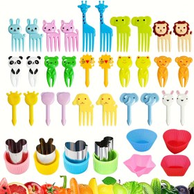 Resim 38 Parça Sevimli Minyatür Yemek Çubukları - Çizgi Film Hayvan Tasarımlı, Kesme Aleti ve Silikon Öğle Yemeği Bölücü ile Atıştırmalık, Pasta ve Meyve İçin 