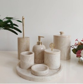 Resim Sümeyra Marble Art Crema Golden - Doğal Bej Mermer Banyo Seti 7li 