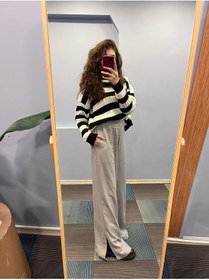 Resim OUZ Fashion Kadın Bel Lastikli Yırtmaç Detaylı Geniş Paça Keten Pantolon 