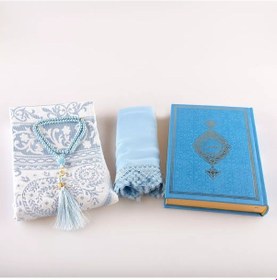 Resim Şal + Seccade + Tesbih + Kuran Hediye Seti Çanta Boy, Termo Deri, Açık Mavi 