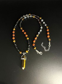 Resim Yıldız Doğal Taş Kaplan Gözü Obsidyen Jasper Labrodorit Lal Doğal Taş Çivi Model Kolye 55 Cm Çok REnkli 