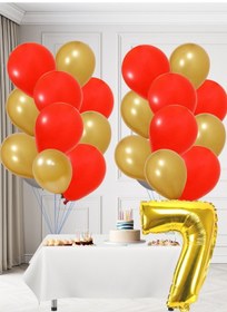 Resim 7 Yaş Sarı Kırmızı Taraftar Temalı Doğum Günü Seti Altın Kırmızı Balonlar Altın Folyo Rakam Altın 