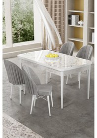 Resim Canisa Gale Serisi 80x132 Açılabilir Lak Panel Beyaz Mermer Desen Mutfak Masa Takımı 4 Gri Sandalye Masa Beyaz Mermer Desen Sandalyeler Gri 