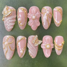 Resim 10 Parça Premium Yazlık El Yapımı Giyilebilir Pembe Sevimli Tatlı 3D Kelebek Çiçek Saf Tırnak Sanatı Sticker Seti 