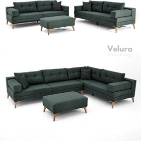 Resim Velura Home & Living Zeri Modüler Yataklı Koltuk Takımı & 2 Adet Üçlü Kanepe & Puflu Köşe Takımı (3+3) - Koyu Yeşil - 125 