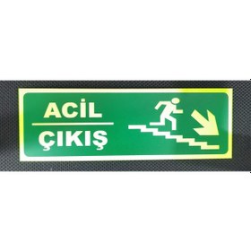 Resim 30x10 Cm Fosforlu Merdiven Yangın Uyarı Sağ Aşağı Acil Çıkış Levhası 