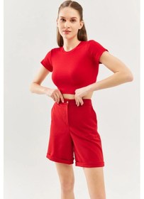 Resim Butikgiz Kadın Kısa Kol Bisiklet Yaka Vücuda Oturan %100 Pamuklu Kaşkorse Esnek Crop Bluz Kırmızı 