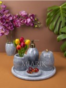 Resim MIARIK DESIGN & DEKORASYON Dekoratif Gri Oval Mermer Banyo Seti Takımı 5 Li Aksesuar Detaylı Tasarım Set 