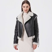 Resim Siyah Deri Kadın Kürk Mont - K23KKM320410-U1M 