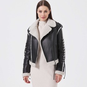 Resim Siyah Deri Kadın Kürk Mont - K23KKM320410-U1M 