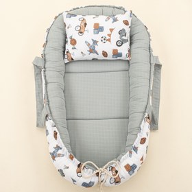 Resim Babynest ve Yastık - Çift Taraflı - Petrol Mavisi Muslin - Araçlar 