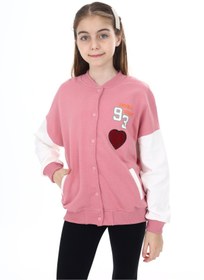 Resim Toontoy Gül Kurusu Kız Çocuk Kolej Yaka Çıtçıt Kapama Cepli Düşük Omuz Baskılı Renk Bloklu Örme Hırka 