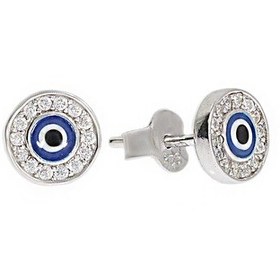 Resim Kadın Nazar Boncuğu Model Yuvarlak Taşlı Gümüş Küpe 