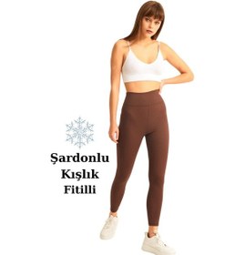 Resim Haki Yüksek Bel Fitilli Toparlayıcı İnterlok Örme Şardonlu Spor Kışlık Tayt Kahverengi 