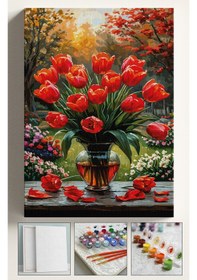 Resim Sayılarla Boyama Seti Numaralı Tuval Fırça Boya 40x50 Cm - Kırmızı Laleler 