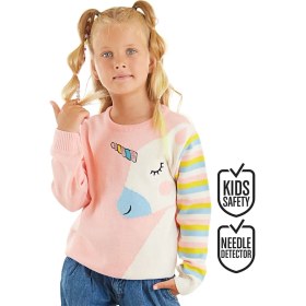Resim Denokids Kız Çocuk Pembe Triko Kazak Bisiklet Yaka Unicorn Desenli Günlük Stil 
