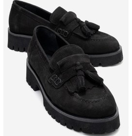 Resim Luvi Shoes Poen Siyah Nubuk Hakiki Deri Püsküllü Kadın Loafer Ayakkabı Siyah 