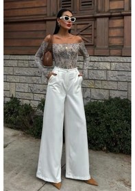 Resim Defymoda Bol Paça Palazzo Pantolon 0080 Ekru 