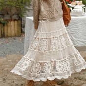 Resim Kadınların şık vintage tarzda dantel delikli elyaf askılı eteği, ruffled hem ve kumaşlı, yaz moda için mükemmel 