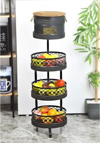 Resim Doğal Ahşap Ekmeklikli Ferforje Sebzelik ve Meyvelik Desenli Siy 