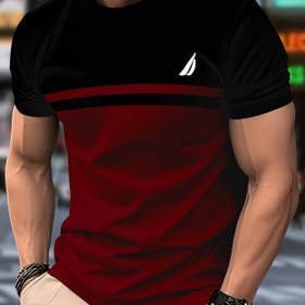 Resim Erkek Casual Polyester Örgü T-Shirt, Crew Neck, Düzenli Fit ile Çizgi Deseni, Kısa Kollu - Yenilikçi Moda Tee, Sevimli Gömlekler 