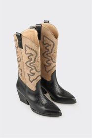 Resim Elle Bej Deri Kadın Western Çizme 