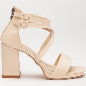 Resim Saten Tek ve Çapraz Bant Bej Kadın Platform Topuk Abiye Ayakkabı-2271-Bej 