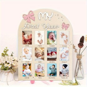 Resim İlk Yıl Fotoğraf Duvarı, İlk Ayım 12 Dönüm Nokta Çerçeveleri - Pembe Kız Bebekin 1. Yaş Günü Dekoru 