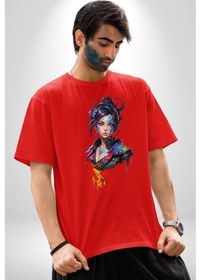 Resim Süper Robot Kız Sulu Boya Pamuklu Bisiklet Yaka Unisex Oversize Boyfriend Dijital Baskılı Kırmızı T-shirt Kırmızı 