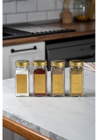 Resim Mienda Home 4'lü Cam Baharatlık Seti Gold Kapaklı Etiketli Baharatlık Takımı Mh00gld04 Gold - Şeffaf 