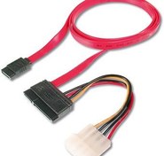 Resim AK-400112-005-R SATA Kablosu, SATA II/III, SATA 22 pin Dişi Konnektör - SATA 7 pin L Tip Dişi Konnektör + 4 pin Erkek Güç Konnektörü, yassı kablo tipi, 0.50 metre, AWG28, zırhsız, kırmızı renk 