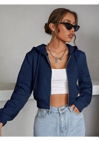 Resim Kadın Lacivert Crop Fitted Kapşonlu Zip Fermuarlı Polar Hırka Sweatshirt Koyu Lacivert 