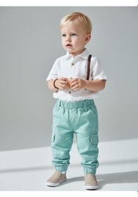 Resim Zekids Erkek Bebek Pamuklu Beli Lastikli Kargo Pantolon-16933 Yeşil 