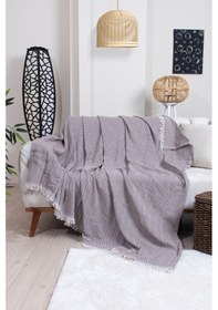 Resim Pamuklu Zikzak Desenli Püsküllü Koltuk Örtüsü 170x210 Cm Dekoratif Ve Çok Amaçlı Kahverengi 