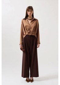 Resim Bel Büzgülü Crop Saten Gömlek Bej 