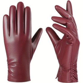 Resim Kadınların Şık Kırmızı Suni Deri Eldivenleri - Kış Gezileri İçin Sıcak, Esnek, Rahat Tasarım, Rüzgar Geçirmez ve Sıcaklığı Koruyan Moda Aksesuarı, Kış Eldivenleri 