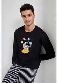 Resim Erkek Pamuklu Uzun Kollu Üst Astronot Baskılı Alt Çizgili Pijama Takımı Ke30106 Siyah - Beyaz 