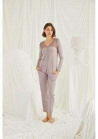 Resim Monamise Kadın Yakası Kolu ve Omzu Dantelli Önü Boydan Düğmeli Pijama Takımı Vizon 
