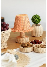 Resim Turuncu Pötikare Desen Kumaş Rattan Ayaklı Kablosuz Gece Masa Lambası 