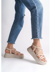 Resim Bella Lastikli Şerit Detaylı Ortopedik Taban Kadın Sandalet Ckt - Krem Krem 