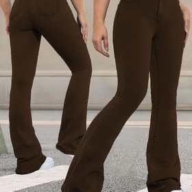 Resim Yüksek Bel Dar Kesim Paça Pantolon - Kahve Kahverengi Düğmeli Geniş Paça Pantolon, Tüm Sezonlar İçin Şık ve Gündelik Giyim, Düz Renk (Elde Yıkanabilir) Yıl Boyu Kombinler İçin 