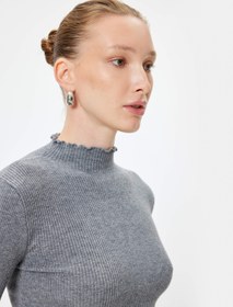 Resim Fitilli Triko Kazak Hafif Dik Yaka Uzun Kollu 