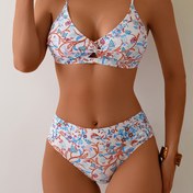 Resim 2 adet Kadın Etnik Çiçek Baskılı Bikini Seti, Seksi ve Moda Mayo Kıyafeti Günlük Giyim için, Yüksek Esneklikli Kumaş, Kolsuz Tasarım, Rahat Mayo Kıyafeti | Kolsuz Mayo Kıyafeti | Esnek Kumaş 
