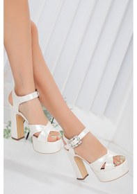 Resim Platformlu Saten Taşlı Sedef Kadın Topuklu Abiye Ayakkabı-1516-SEDEF Ten Rengi 