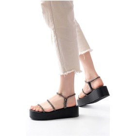 Resim 861-1008 Siyah Platin Taşlı Dolgu Topuklu Kadın Sandalet Siyah Platin 