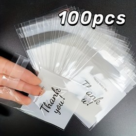 Resim 100 Adet Teşekkür Plastik Hediye Çantaları - Partiler için Şık El Yazısı Tasarımlı Kendinden Yapışkanlı Şeffaf Takı Torbaları, Aksesuar Paketleme ve Kurumsal Hediyeler, Parti İkram Çantaları | Teşekkür Tasarımı | Yeniden Kapatılabilir Kapama 