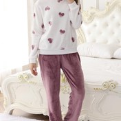Resim Kadın Flanel Pijama Takımı, 2 Parça, Uzun Kollu Üst ve Pantolon, Yumuşak Yuvarlak Yaka, Rahat Ev Giyim, Kalp Baskılı, Polyester, Tüm Mevsim, Yetişkin Beden, Örme Kumaş 