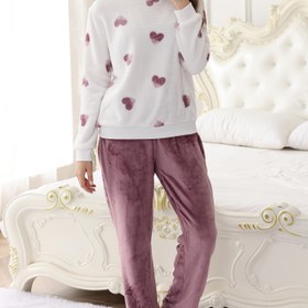 Resim Kadın Flanel Pijama Takımı, 2 Parça, Uzun Kollu Üst ve Pantolon, Yumuşak Yuvarlak Yaka, Rahat Ev Giyim, Kalp Baskılı, Polyester, Tüm Mevsim, Yetişkin Beden, Örme Kumaş 