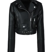 Resim Kadınlar için Şık Suni Deri Crop Ceket - Günlük Uzun Kollu, Fermuarlı ve Kemer Detaylı, İlkbahar & Sonbahar için Mükemmel, Düz Fermuarlı Ön, Hafif Ceket 