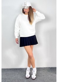Resim Kadın Cozy İçi Polarlı Ekru Basic Bisiklet Yaka Pamuklu Kalın Örme Sweatshirt Ekru 
